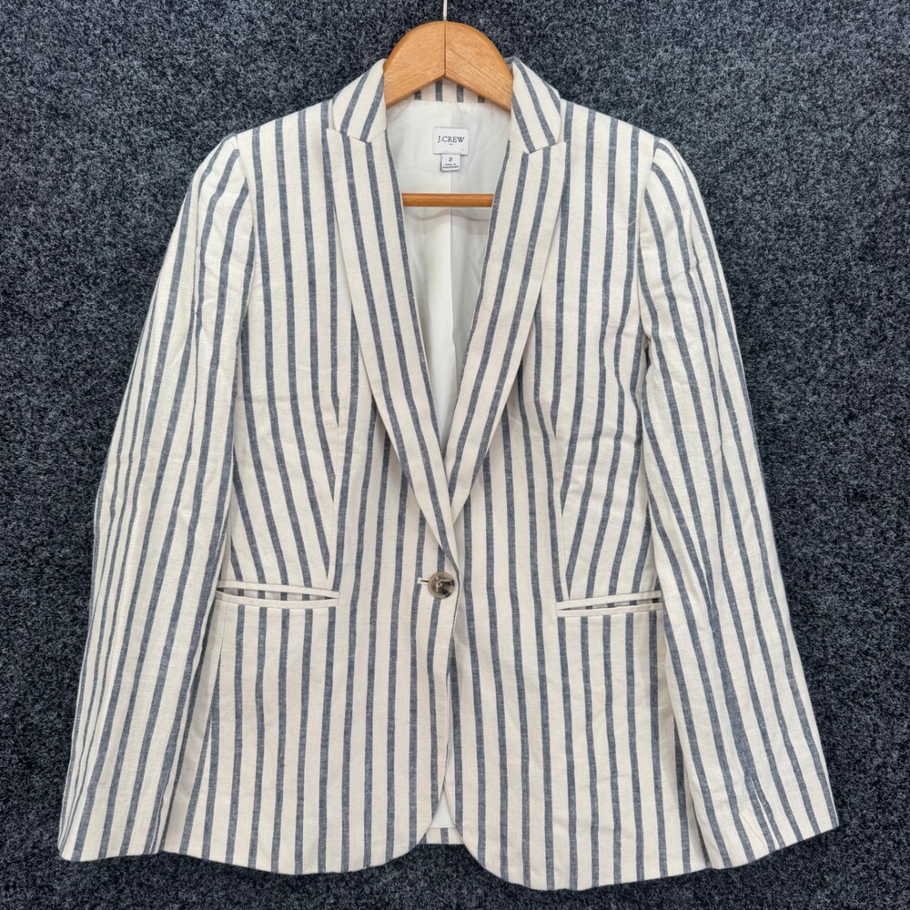 J.Crew Womens Blue White Striped Linen Cotton Blend Blazer Jacket Size 2